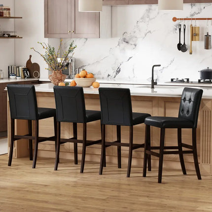 Set of 4 PVC Dining Leather Bar Stools with Solid Wood Legs-24 icnh - Bar Stools