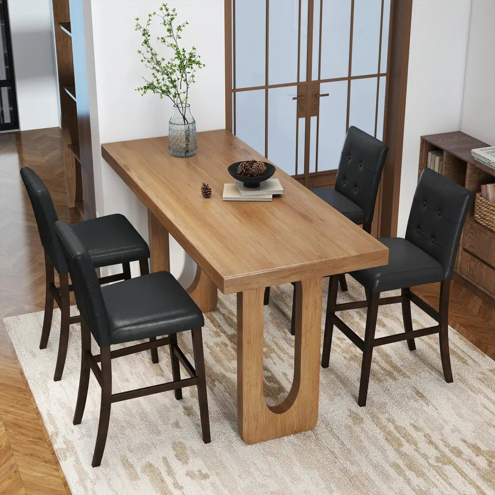 Set of 4 PVC Dining Leather Bar Stools with Solid Wood Legs-24 icnh - Bar Stools