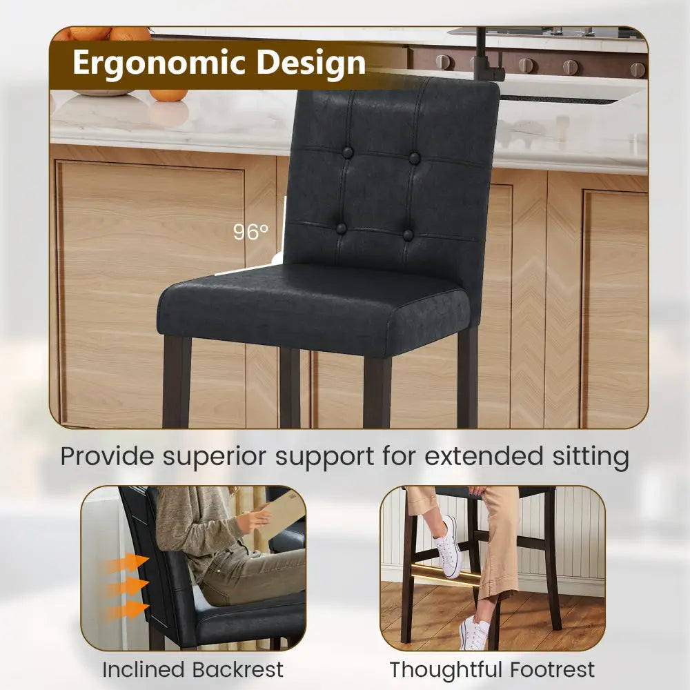 Set of 4 PVC Dining Leather Bar Stools with Solid Wood Legs-29 inch - Bar Stools