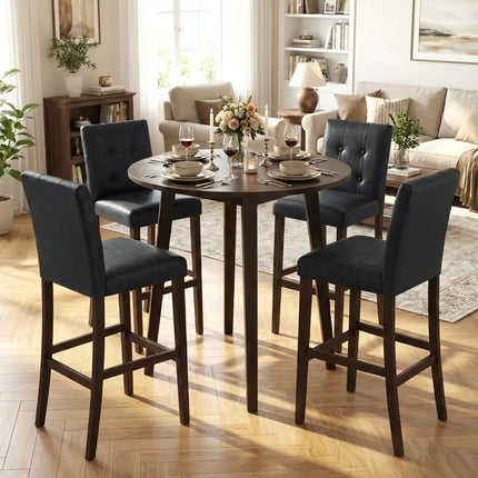 Set of 4 PVC Dining Leather Bar Stools with Solid Wood Legs-29 inch - Bar Stools