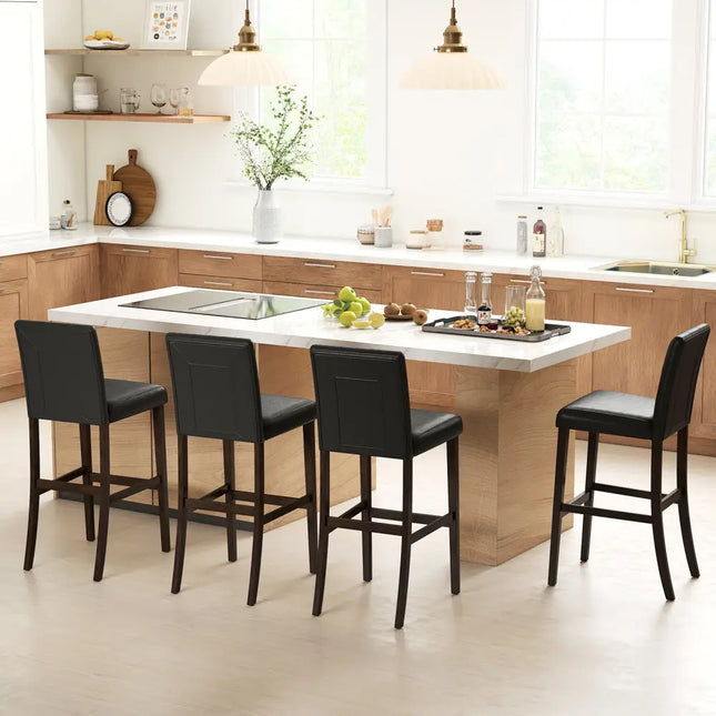 Set of 4 PVC Dining Leather Bar Stools with Solid Wood Legs-29 inch - Bar Stools