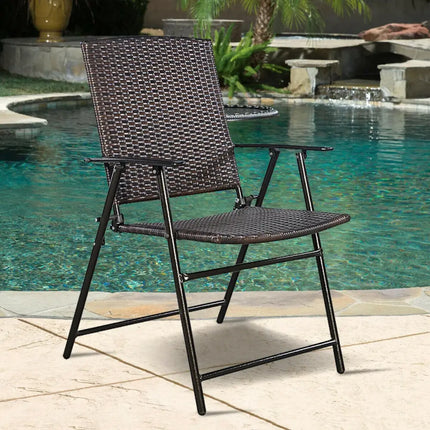 Set of 4 Rattan Folding Chairs - Brown - Patio Dining Chairs