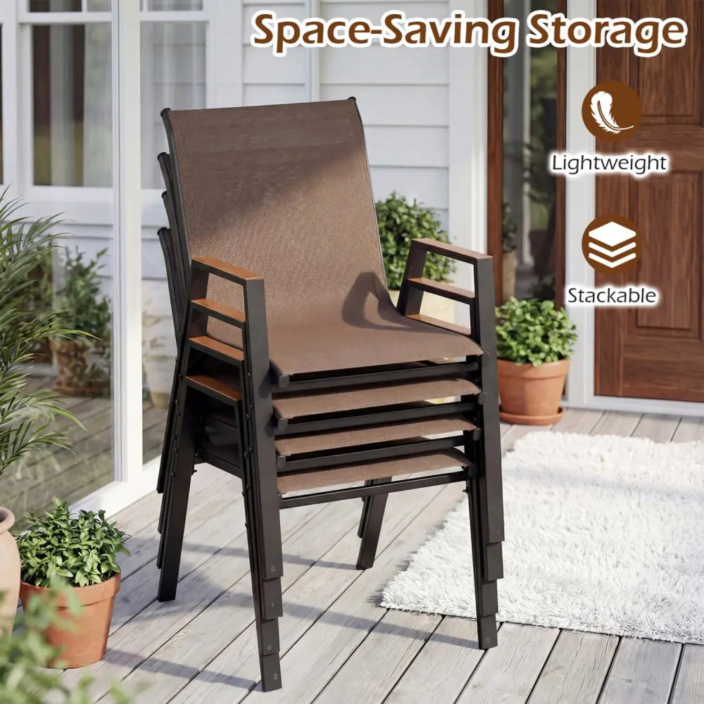 Set of 4 Stackable Patio Chairs with High Backs for Backyard 400 LBS-Brown - Brown - Patio Dining Chairs