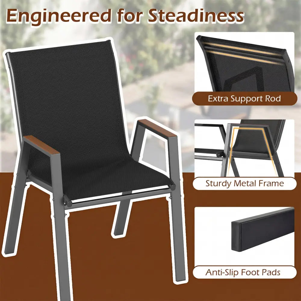 Black chair with text highlighting features on a blurred outdoor background