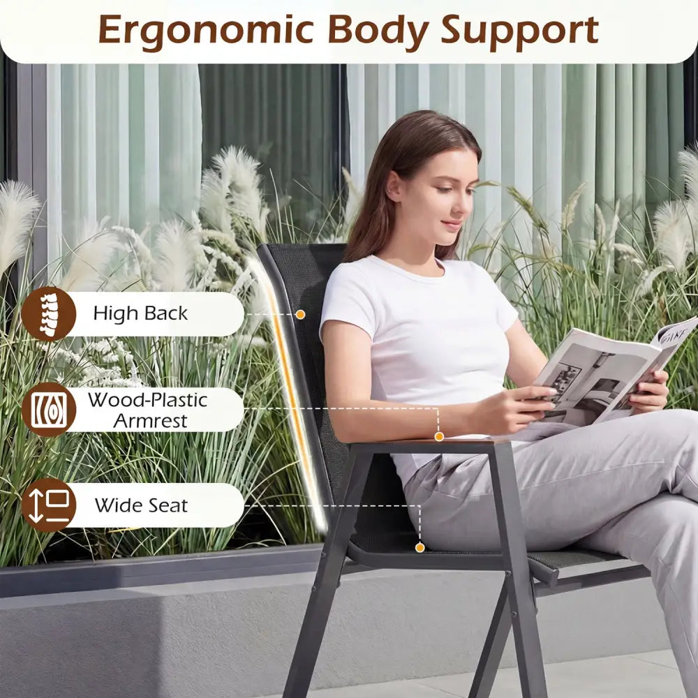 Woman sitting on a chair with ergonomic features highlighted, reading a newspaper outdoors.
