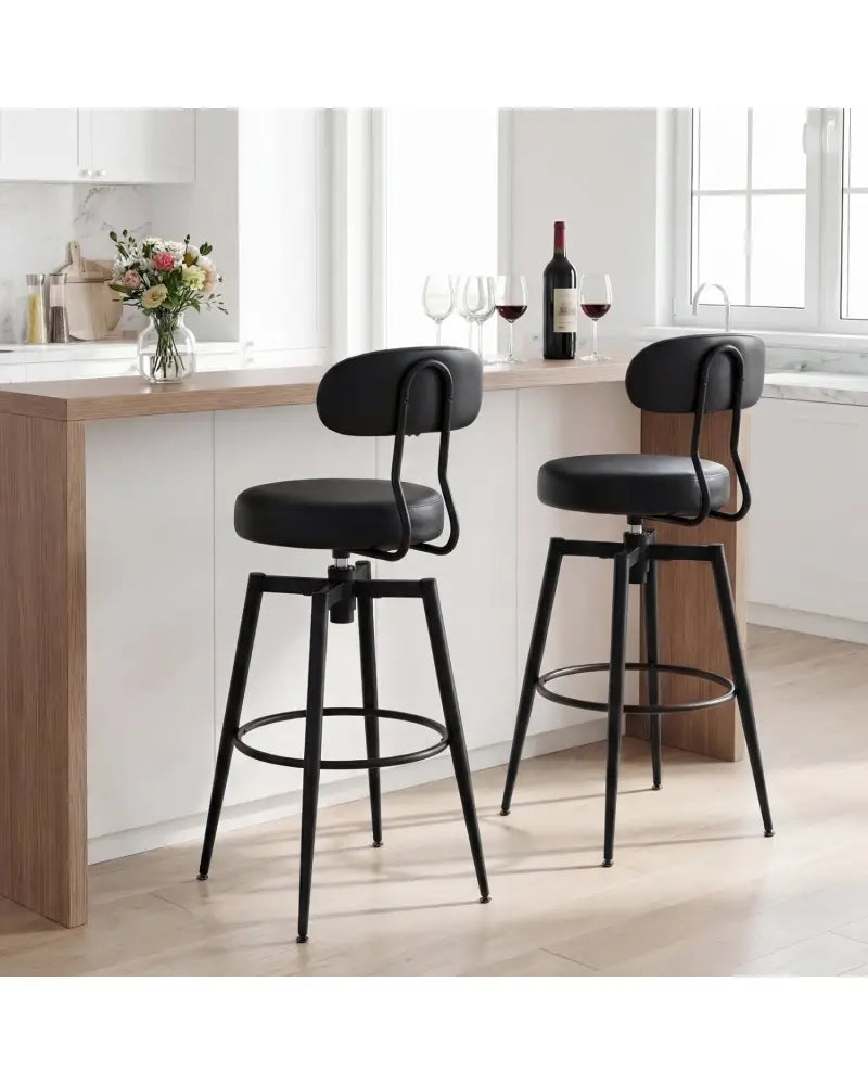 Set of 4 Swivel Barstools Faux Leather with Upholstered Seat and Back-Black - Black - Bar Stools