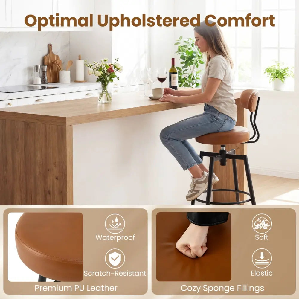 Set of 4 Swivel Barstools Faux Leather with Upholstered Seat and Back-Brown - Brown - Bar Stools