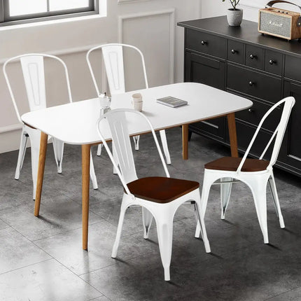 Set of 4 Tolix Style Metal Dining Wood Seat-White - White - Dining Chairs