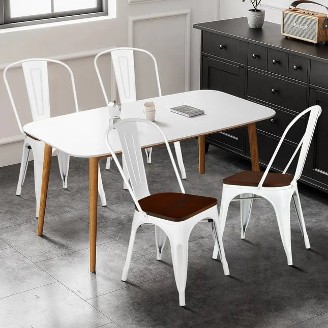 Set of 4 Tolix Style Metal Dining Wood Seat-White - White - Dining Chairs