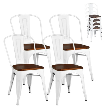 Set of 4 Tolix Style Metal Dining Wood Seat-White - White - Dining Chairs