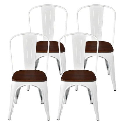 Set of 4 Tolix Style Metal Dining Wood Seat-White - White - Dining Chairs