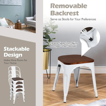Set of 4 Tolix Style Metal Dining Wood Seat-White - White - Dining Chairs