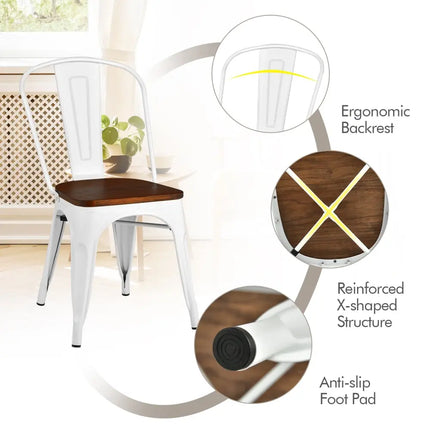 Set of 4 Tolix Style Metal Dining Wood Seat-White - White - Dining Chairs