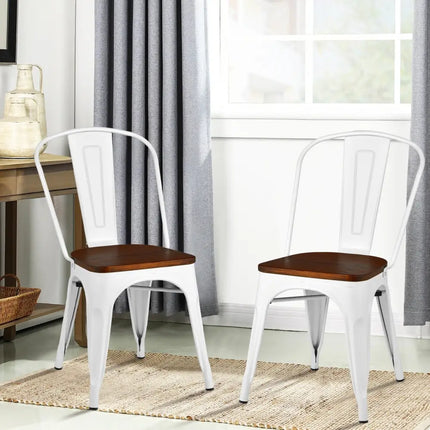 Set of 4 Tolix Style Metal Dining Wood Seat-White - White - Dining Chairs
