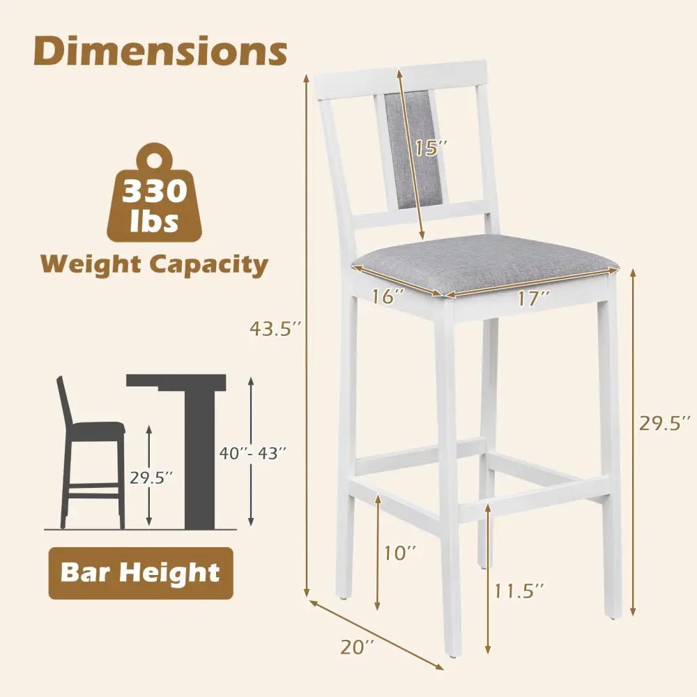 Set of 4 Upholstered Barstool 29.5 Inch Bar Height with Solid Rubber Wood Frame-White - White - Bar Stools