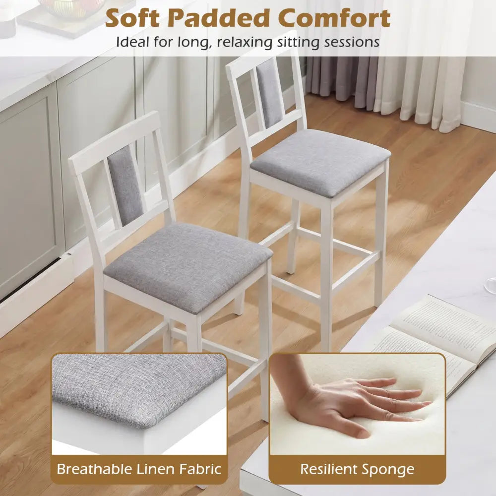 Set of 4 Upholstered Barstool 29.5 Inch Bar Height with Solid Rubber Wood Frame-White - White - Bar Stools