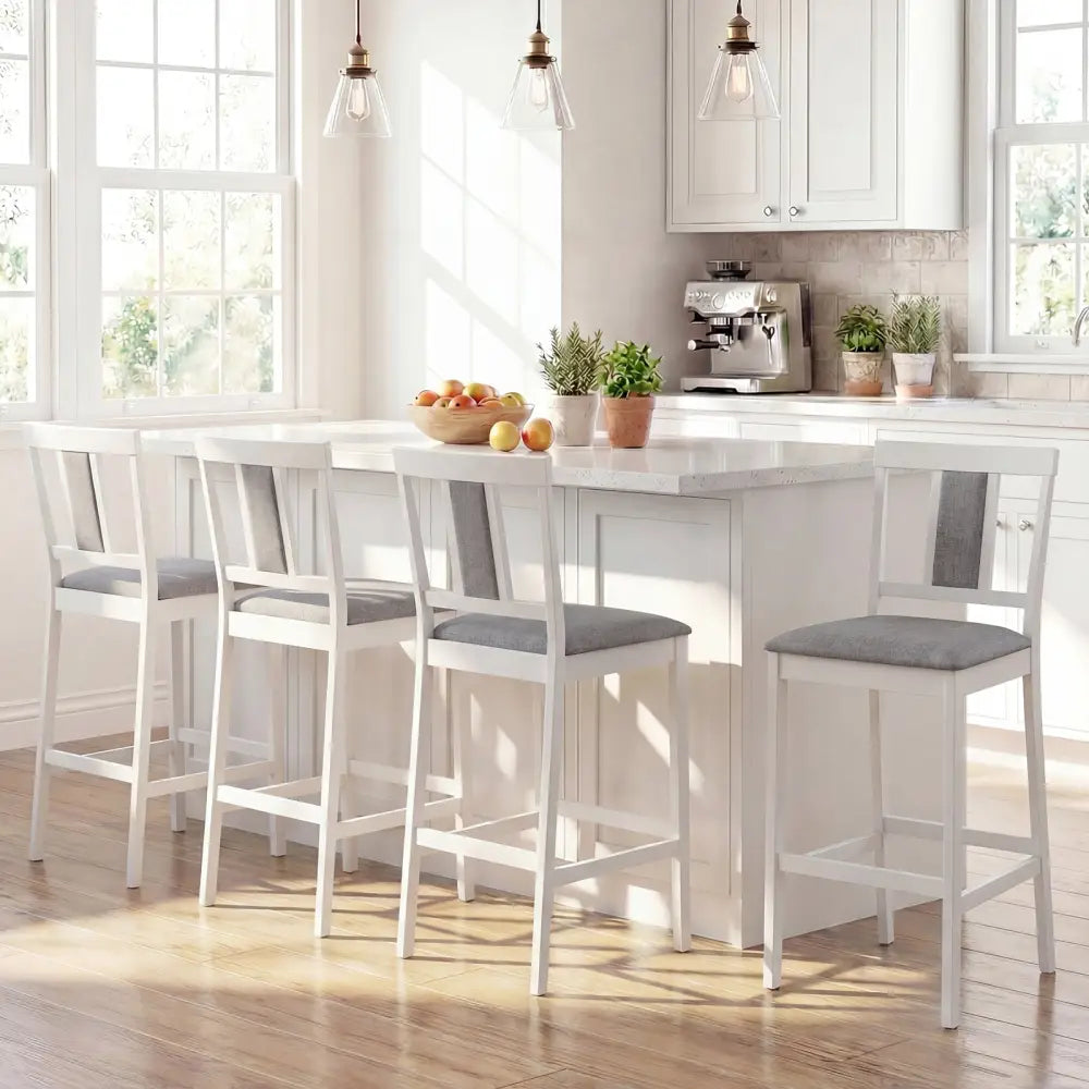 Set of 4 Upholstered Barstool 29.5 Inch Bar Height with Solid Rubber Wood Frame-White - White - Bar Stools