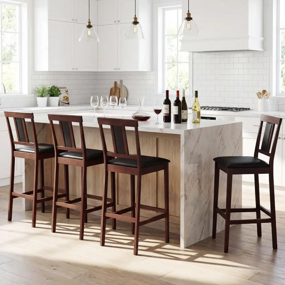 Set of 4 Upholstered Barstool 29.5 Inch Bar Height with Solid Rubber Wood Frame-Walnut - Walnut - Bar Stools