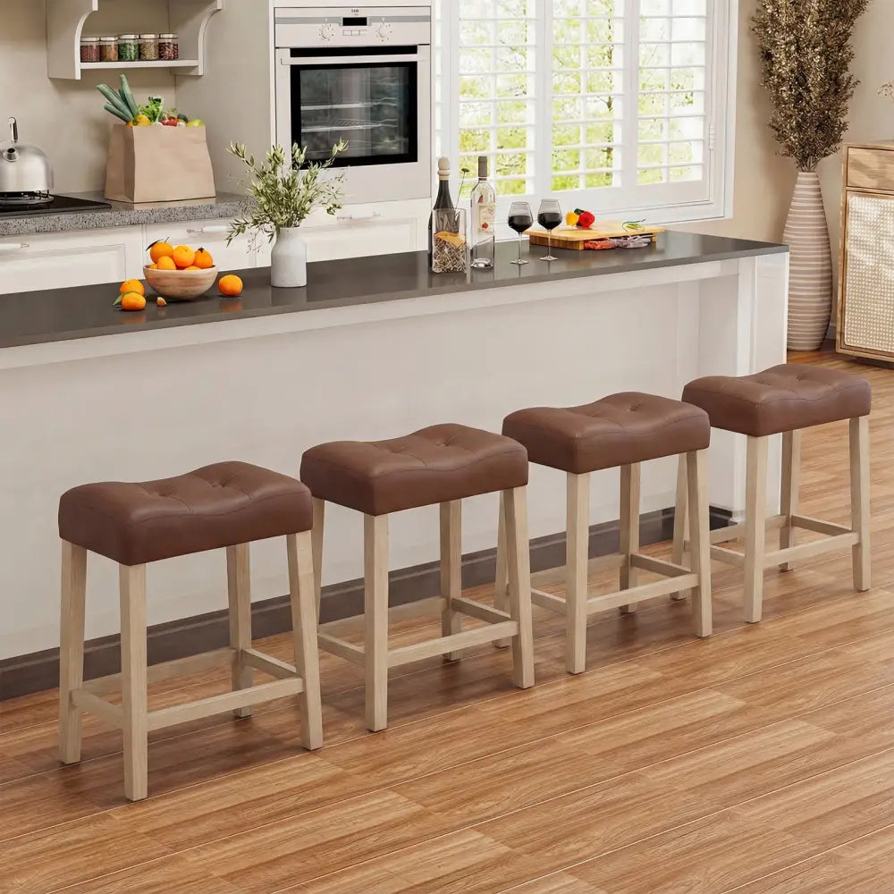 Set of 4 Upholstered Counter Height Bar Stool with Curved Saddle-Seat-Natural - Natural - Bar Stools