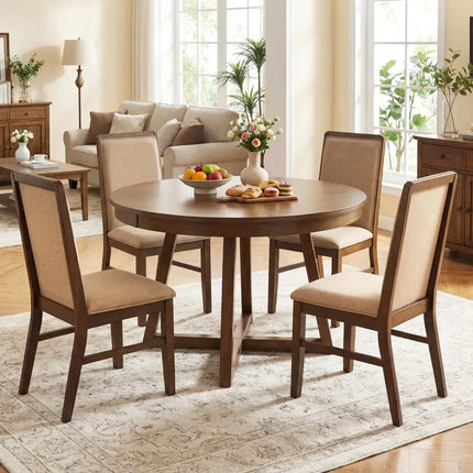 Set of 4 Upholstered Dining Chairs with Solid Rubber Wood Legs-Brown - Brown - Dining Chairs