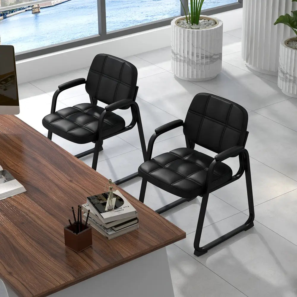 Set of 4 Upholstered Waiting Room Chair with Armrest and Ergonomic Backrest-Black - Black - Conference Chairs