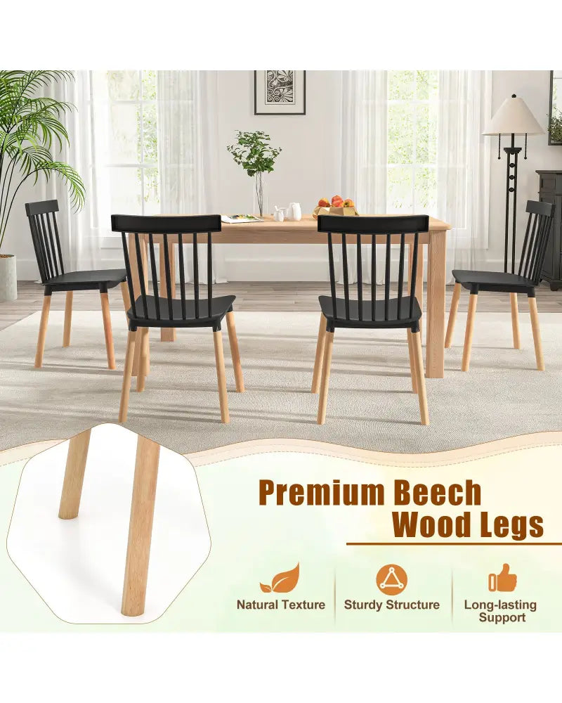 Set of 4 Windsor Dining Chairs with Spindle Backs and Curved Seats-Black - Black - Dining Chairs