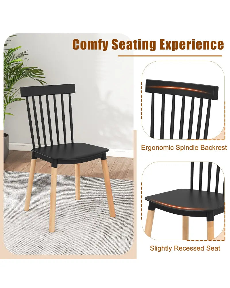 Set of 4 Windsor Dining Chairs with Spindle Backs and Curved Seats-Black - Black - Dining Chairs