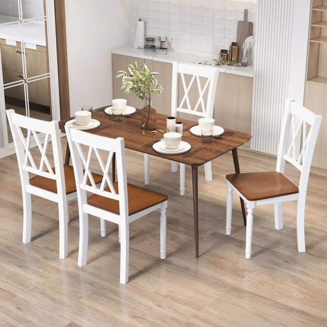 Set of 4 Wooden Farmhouse Kitchen Chairs with Rubber Wood Seat - Walnut & Gray - Dining Chairs