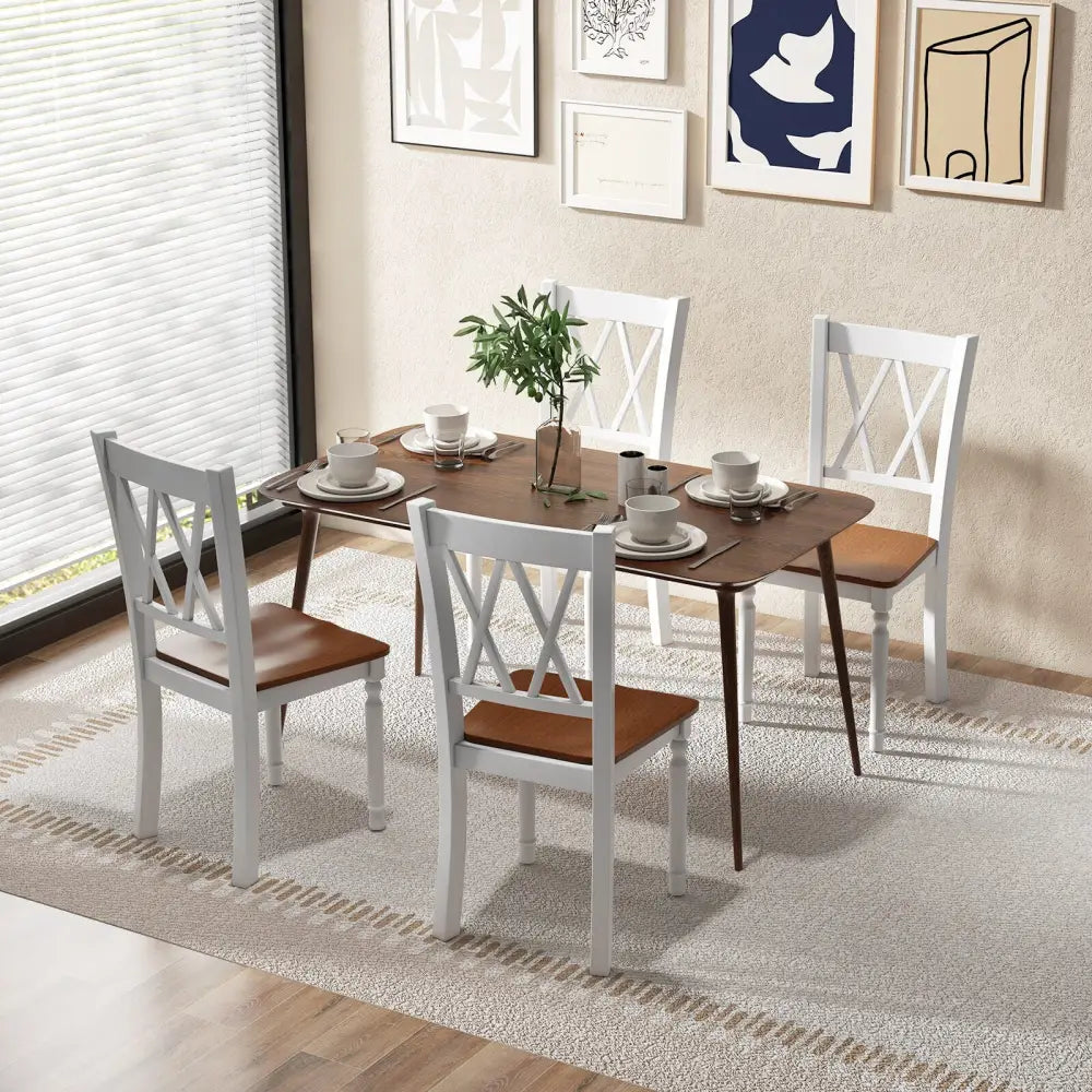 Set of 4 Wooden Farmhouse Kitchen Chairs with Rubber Wood Seat - Walnut & Gray - Dining Chairs