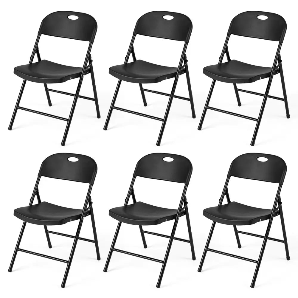 Set of 6 Foldable Plastic Chairs with Ergonomic Backrest-Black - Black - Dining Chairs