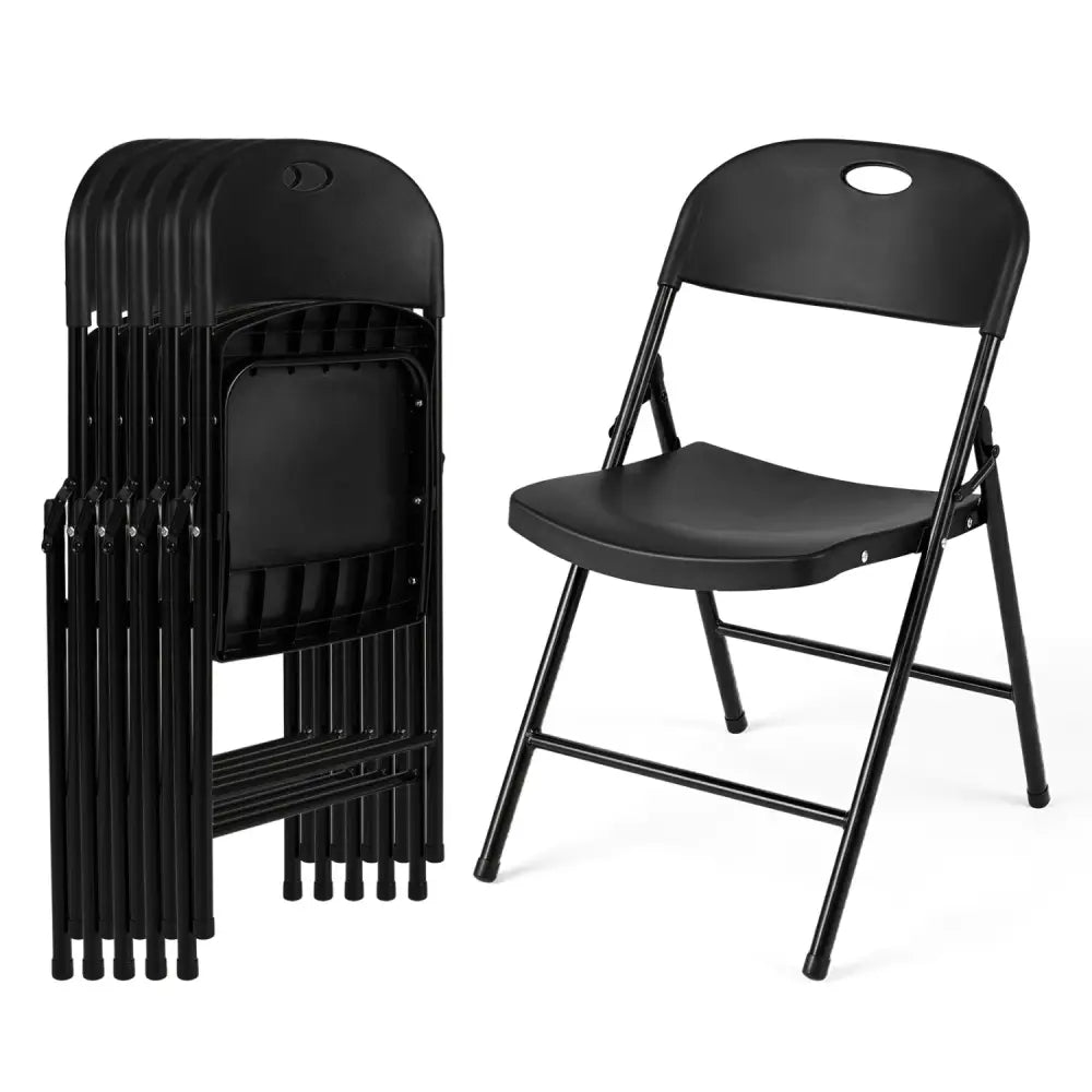 Set of 6 Foldable Plastic Chairs with Ergonomic Backrest-Black - Black - Dining Chairs