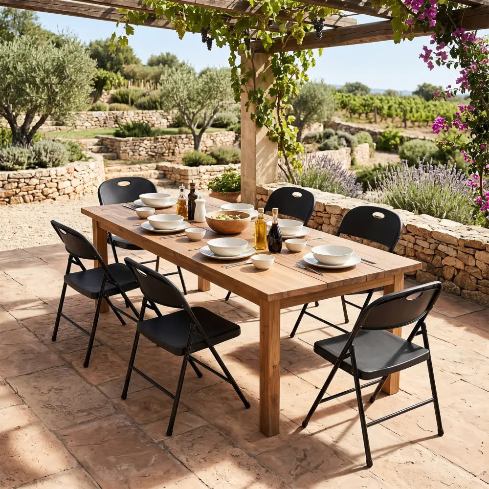 Set of 6 Foldable Plastic Chairs with Ergonomic Backrest-Black - Black - Dining Chairs