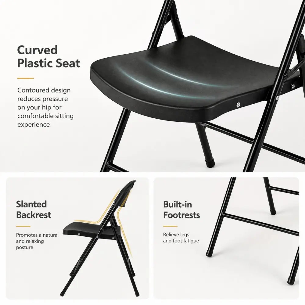 Set of 6 Foldable Plastic Chairs with Ergonomic Backrest-Black - Black - Dining Chairs