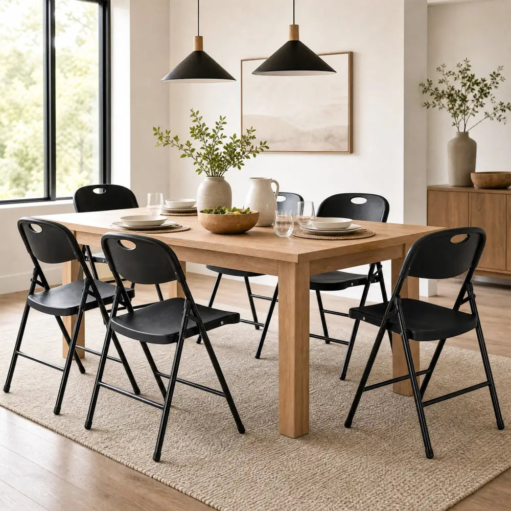 Set of 6 Foldable Plastic Chairs with Ergonomic Backrest-Black - Black - Dining Chairs