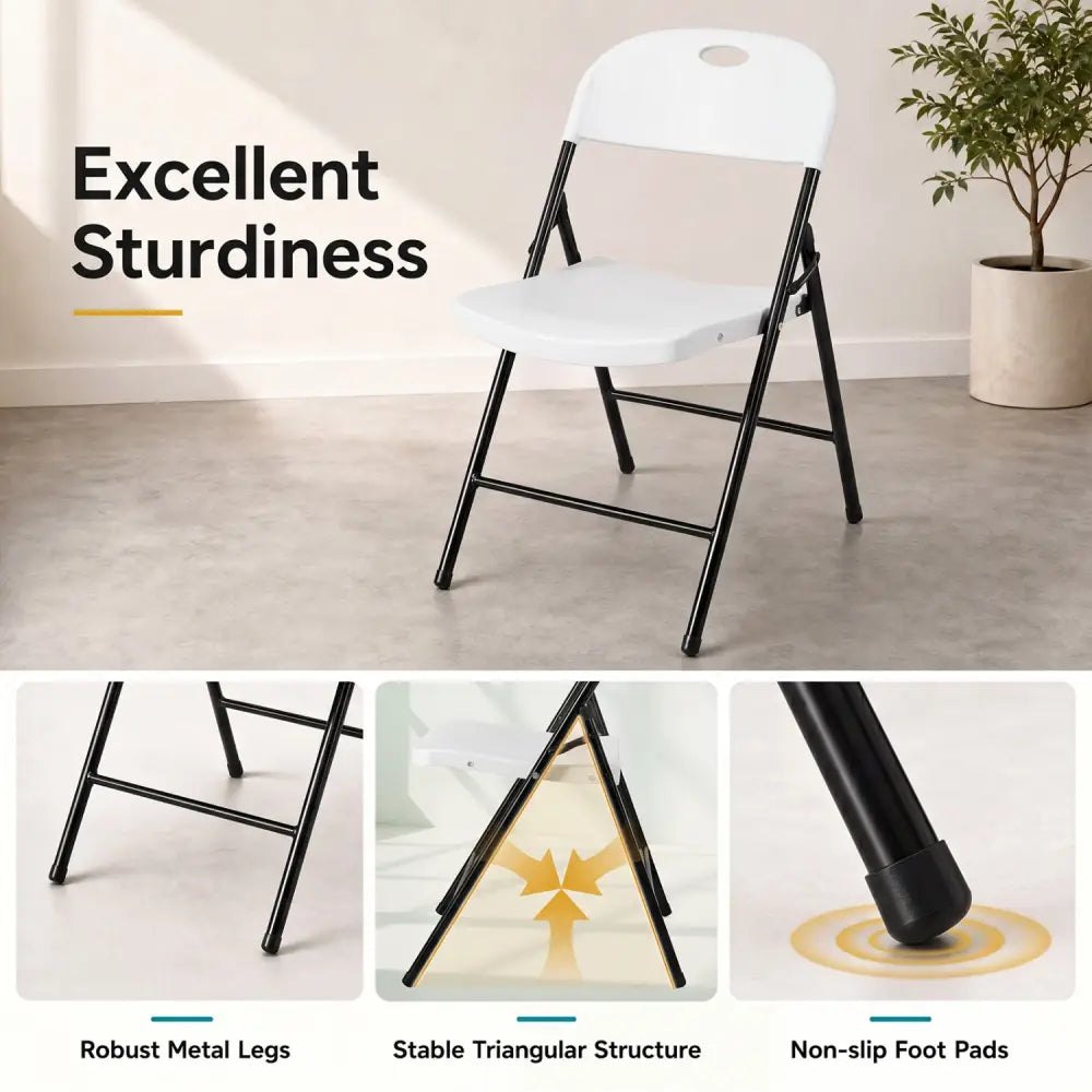 Set of 6 Foldable Plastic Chairs with Ergonomic Backrest-White - White - Dining Chairs
