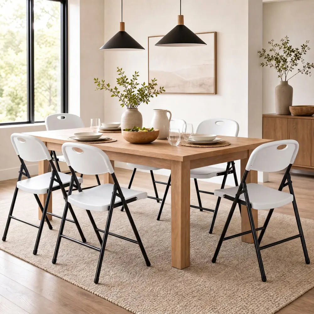 Set of 6 Foldable Plastic Chairs with Ergonomic Backrest-White - White - Dining Chairs