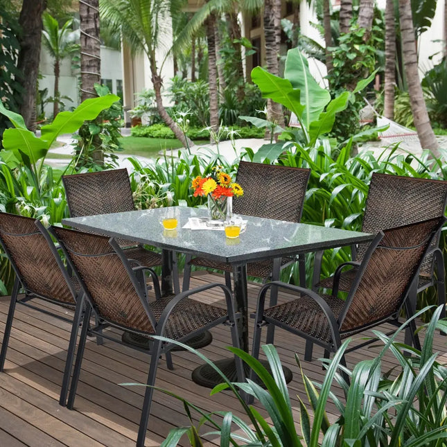 Set of 6 Outdoor PE Wicker Stackable Chairs with Sturdy Steel Frame-Brown - Brown - Patio Dining Chairs