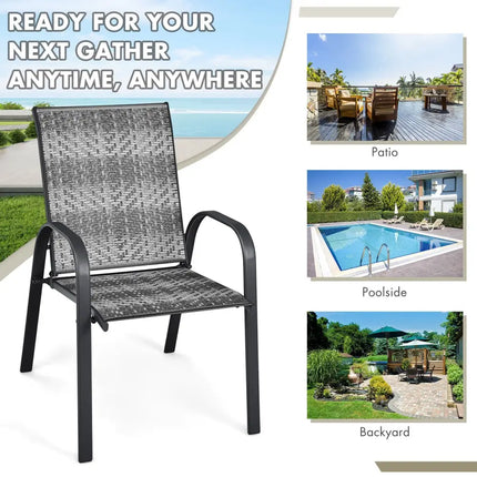 Set of 6 Outdoor PE Wicker Stackable Chairs with Sturdy Steel Frame-Gray - Gray - Patio Dining Chairs