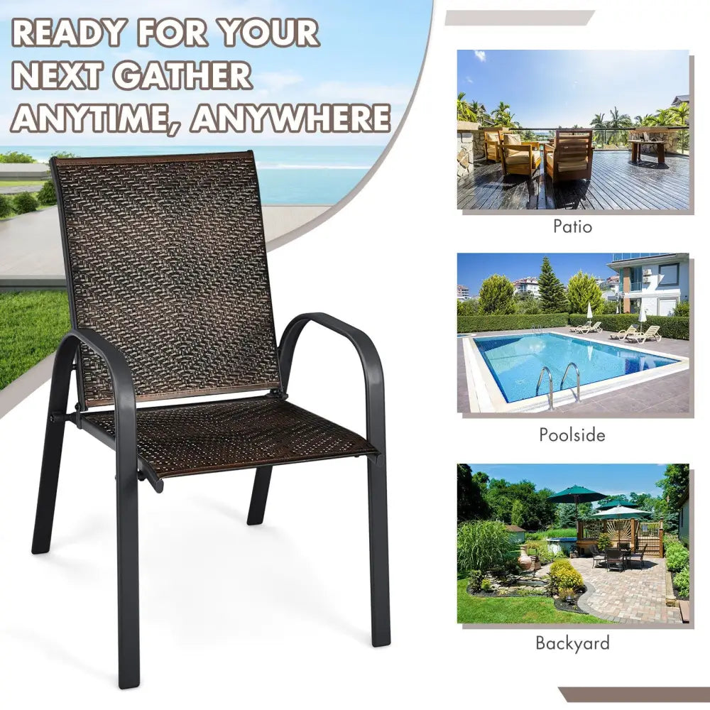Set of 6 Outdoor PE Wicker Stackable Chairs with Sturdy Steel Frame-Brown - Brown - Patio Dining Chairs