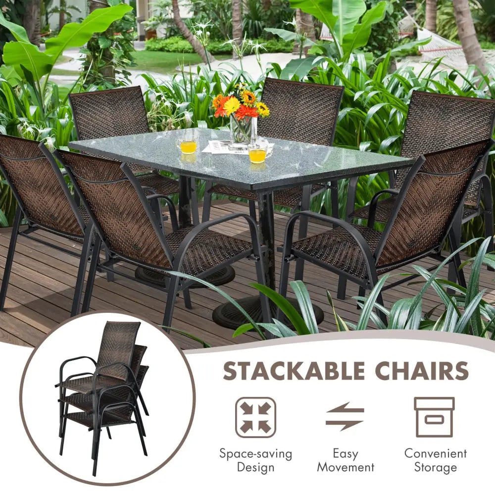 Set of 6 Outdoor PE Wicker Stackable Chairs with Sturdy Steel Frame-Brown - Brown - Patio Dining Chairs
