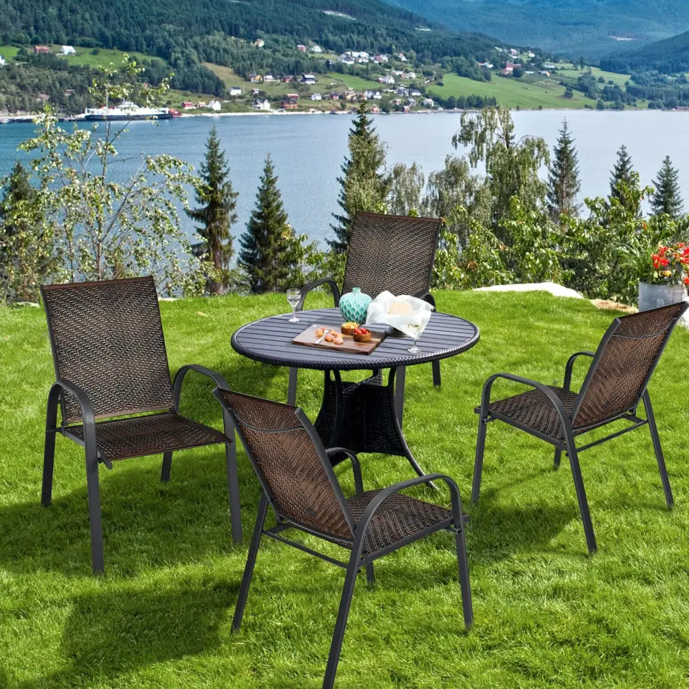 Set of 6 Outdoor PE Wicker Stackable Chairs with Sturdy Steel Frame-Brown - Brown - Patio Dining Chairs