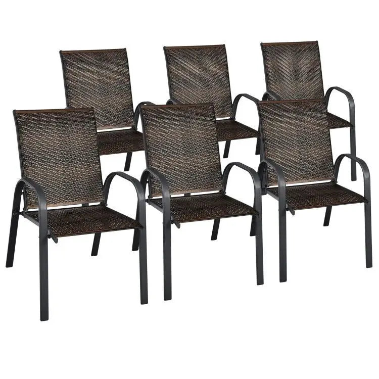 Set of 6 Outdoor PE Wicker Stackable Chairs with Sturdy Steel Frame-Brown - Brown - Patio Dining Chairs