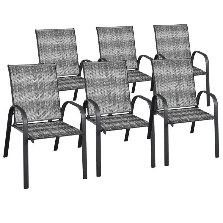 Set of 6 Outdoor PE Wicker Stackable Chairs with Sturdy Steel Frame-Gray - Gray - Patio Dining Chairs