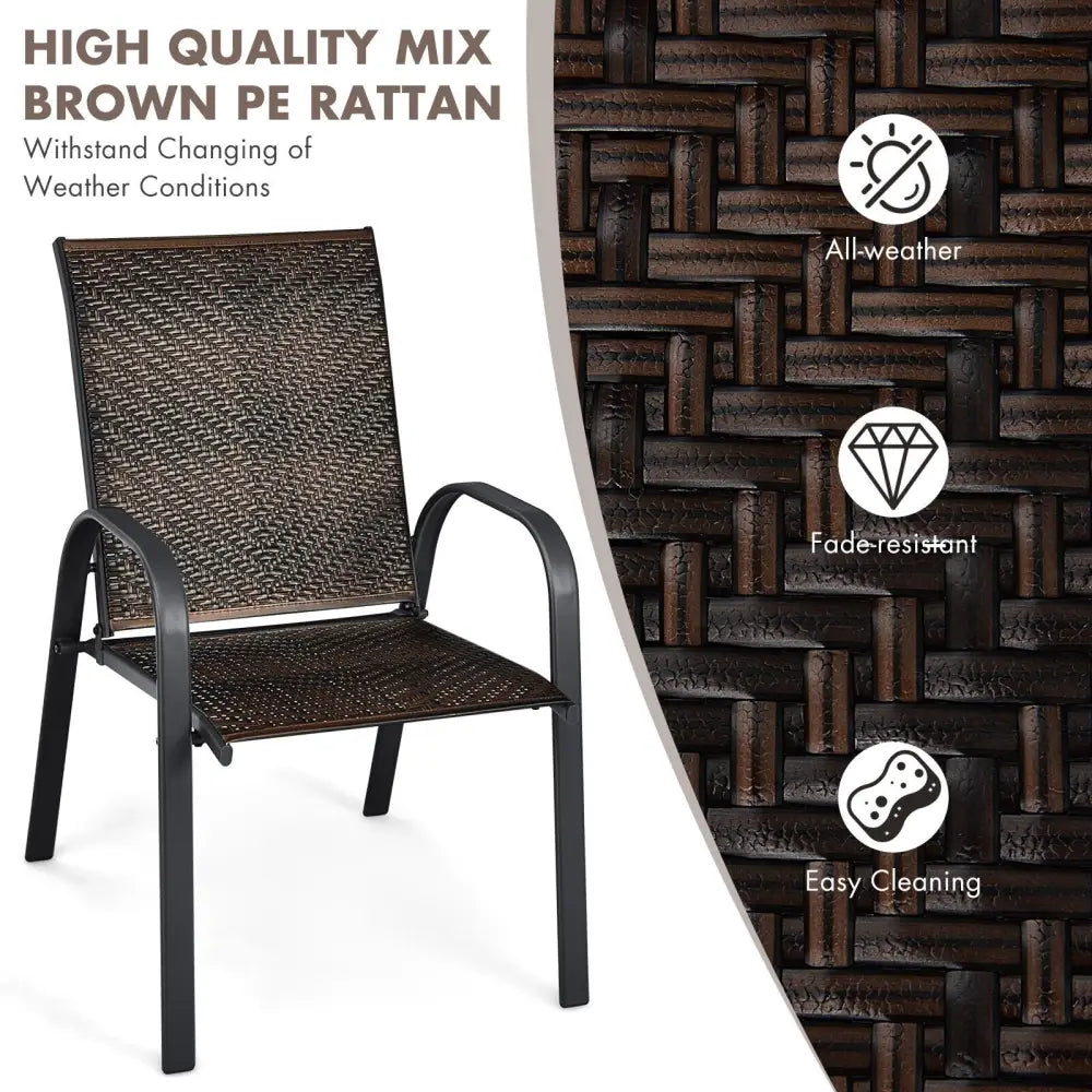 Set of 6 Outdoor PE Wicker Stackable Chairs with Sturdy Steel Frame-Brown - Brown - Patio Dining Chairs