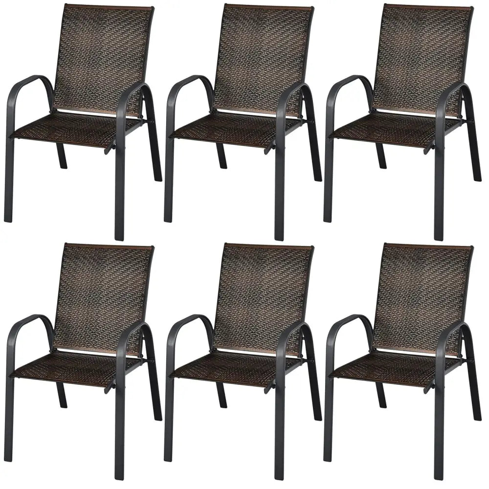 Set of 6 Outdoor PE Wicker Stackable Chairs with Sturdy Steel Frame-Brown - Brown - Patio Dining Chairs