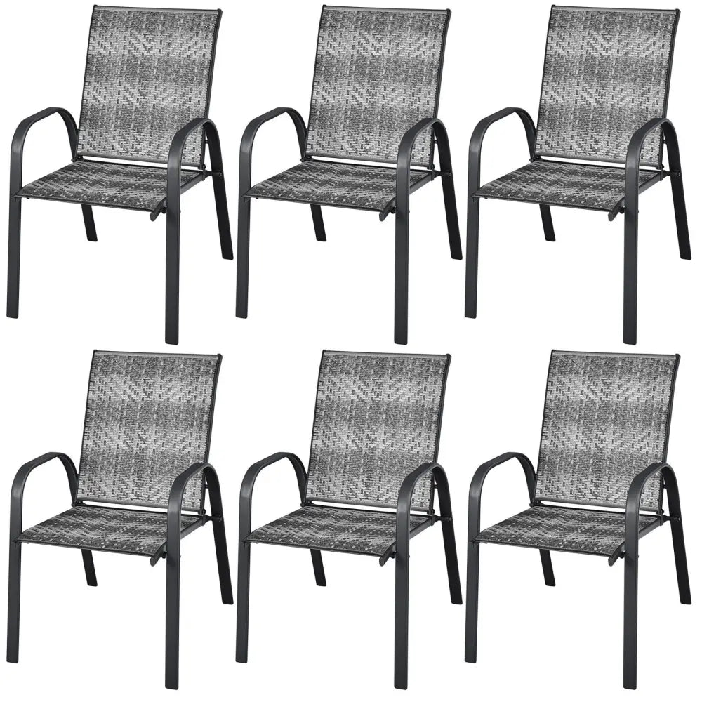 Set of 6 Outdoor PE Wicker Stackable Chairs with Sturdy Steel Frame-Gray - Gray - Patio Dining Chairs