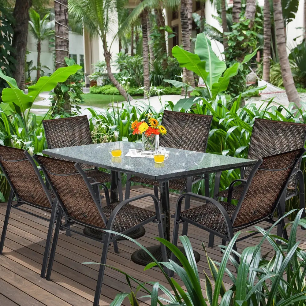 Set of 6 Outdoor PE Wicker Stackable Chairs with Sturdy Steel Frame-Brown - Brown - Patio Dining Chairs