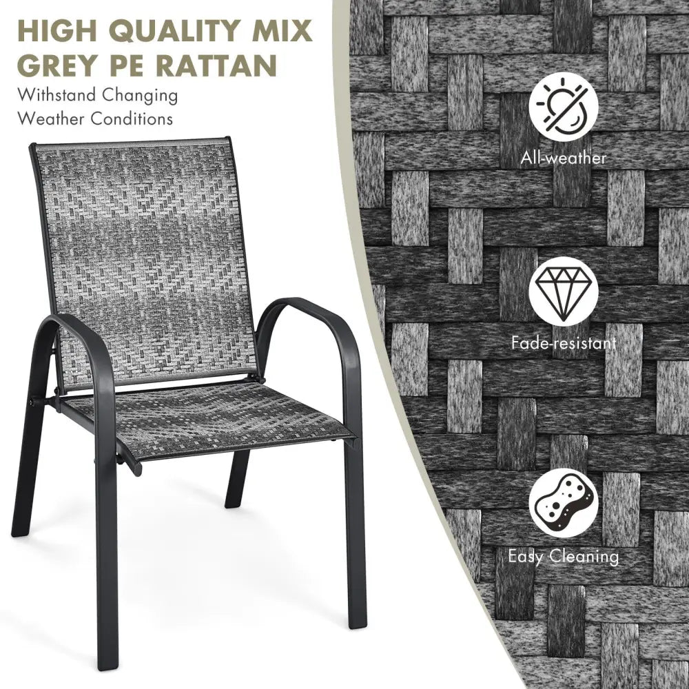 Set of 6 Outdoor PE Wicker Stackable Chairs with Sturdy Steel Frame-Gray - Gray - Patio Dining Chairs