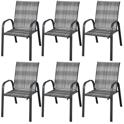 Set of 6 Outdoor PE Wicker Stackable Chairs with Sturdy Steel Frame-Gray - Gray - Patio Dining Chairs