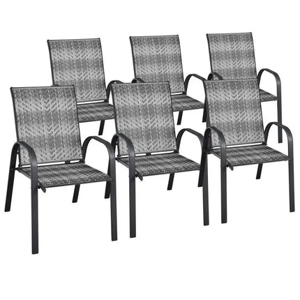 Set of 6 Outdoor PE Wicker Stackable Chairs with Sturdy Steel Frame-Gray - Gray - Patio Dining Chairs